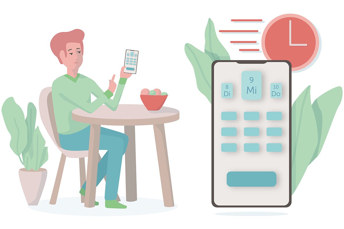 Illustration einer Person, die am Tisch sitzt und mit dem Smartphone einen Termin in der mindu-App bucht – symbolisch für die einfache Online-Terminvereinbarung zur Psychotherapie.