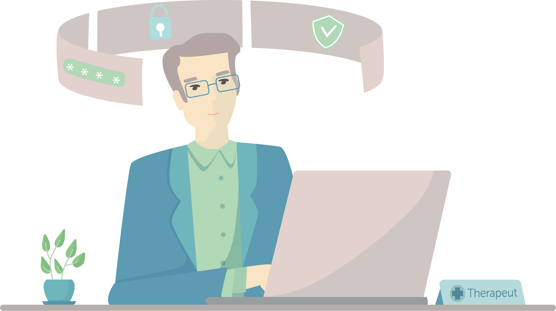 Illustration eines Therapeuten, der am Laptop arbeitet – symbolisch für die Erstellung einer individuellen Behandlungsempfehlung und den Start der Online-Psychotherapie bei mindu.