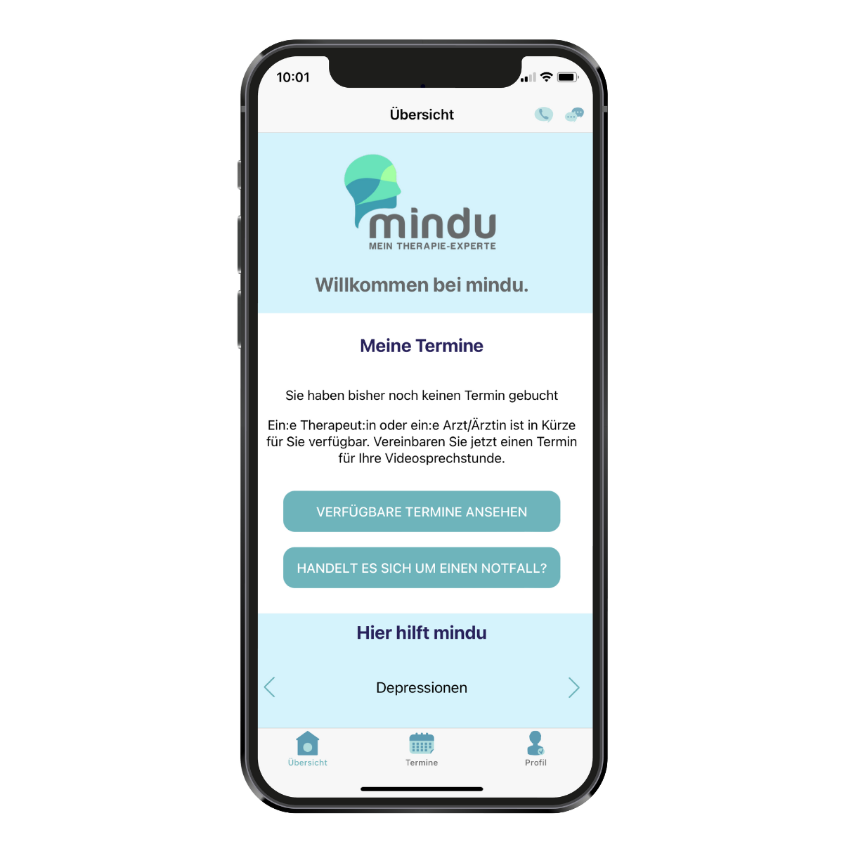 Screenshot aus der mindu Psychotherapie-App – Terminmenü