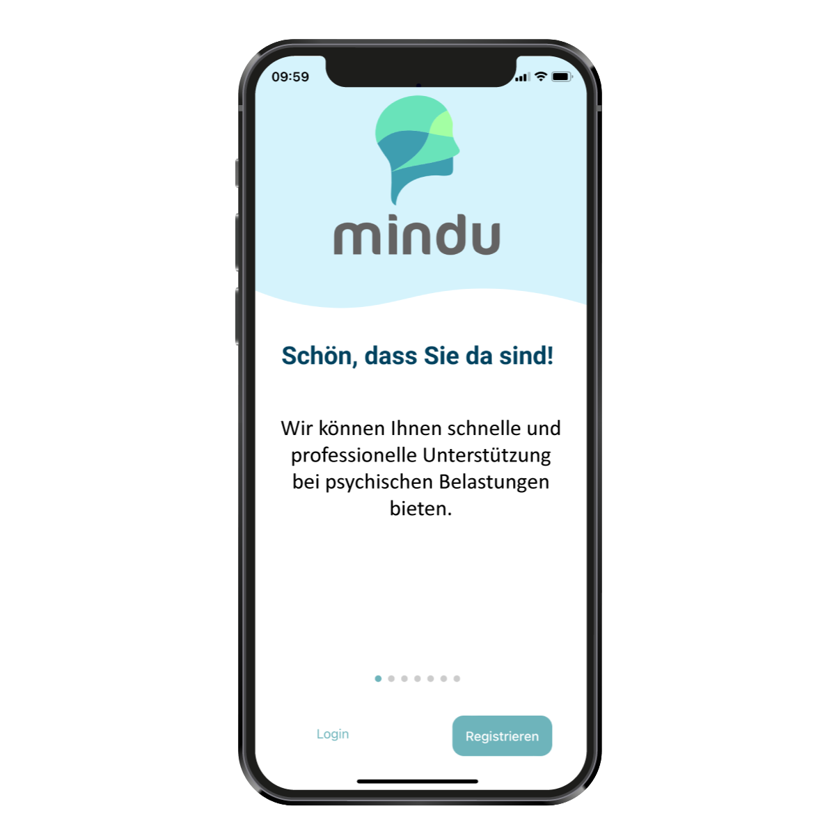 Screenshot aus der mindu Psychotherapie-App – Begrüßungsnachricht