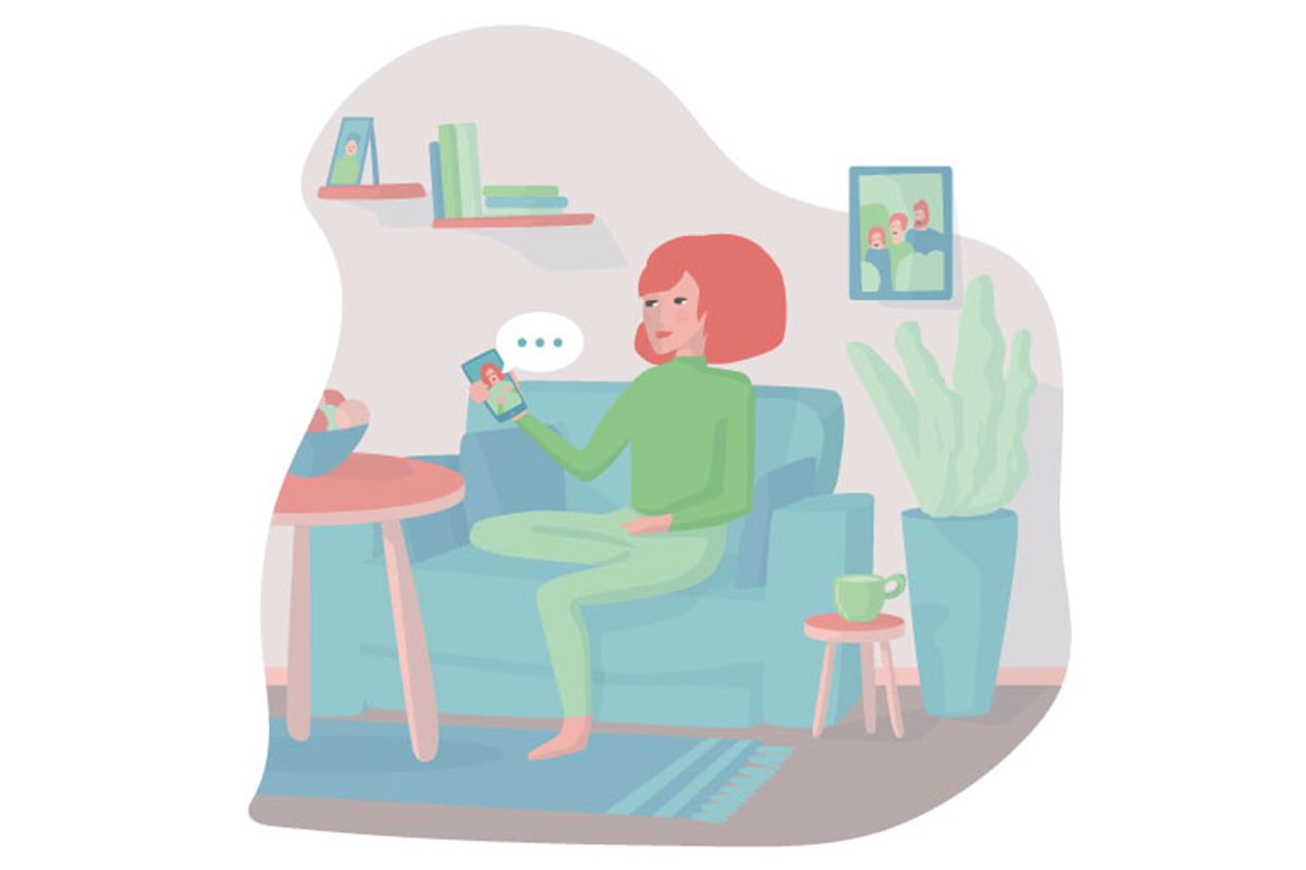 Illustration einer Person, die auf dem Sofa sitzt und per Smartphone an einer Online-Sprechstunde teilnimmt – symbolisch für die einfache Durchführung der mindu-Videositzung von zu Hause.